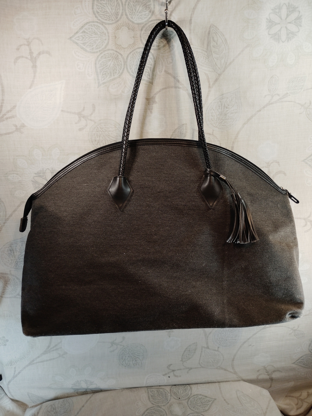 DSW Black Braided-Handle Shoulder Tote with Tassel
